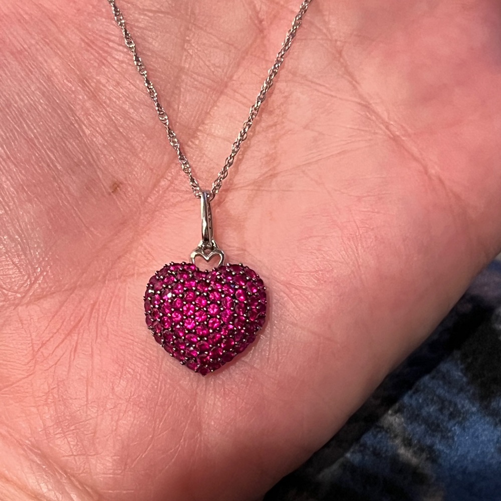 Solid 10K White Gold + Genuine Rubies & Diamonds 3D Heart pendant - Picture 9 of 10